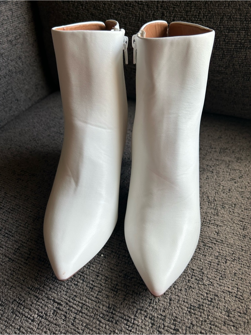 Pointed White Leather-Look Ankle Booties with Side Zip